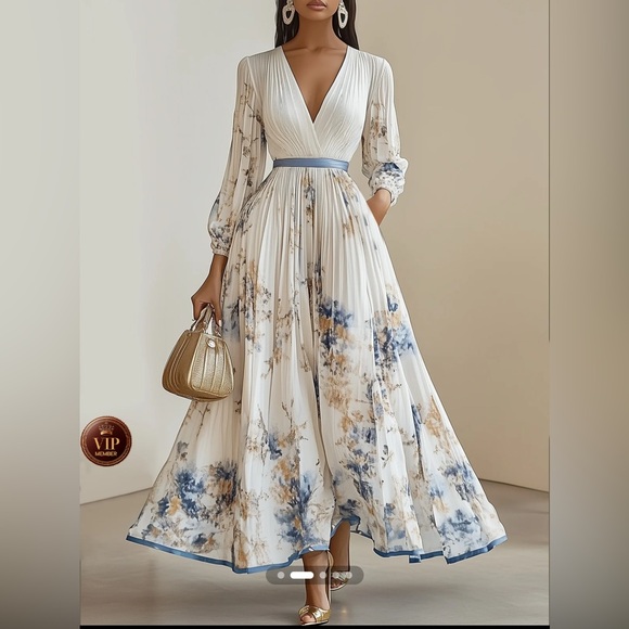 Fehaute Dresses & Skirts - NWT Fehaute White Pleated Chiffon V Neck Long Sleeve A-Line Maxi Dress Sz 10